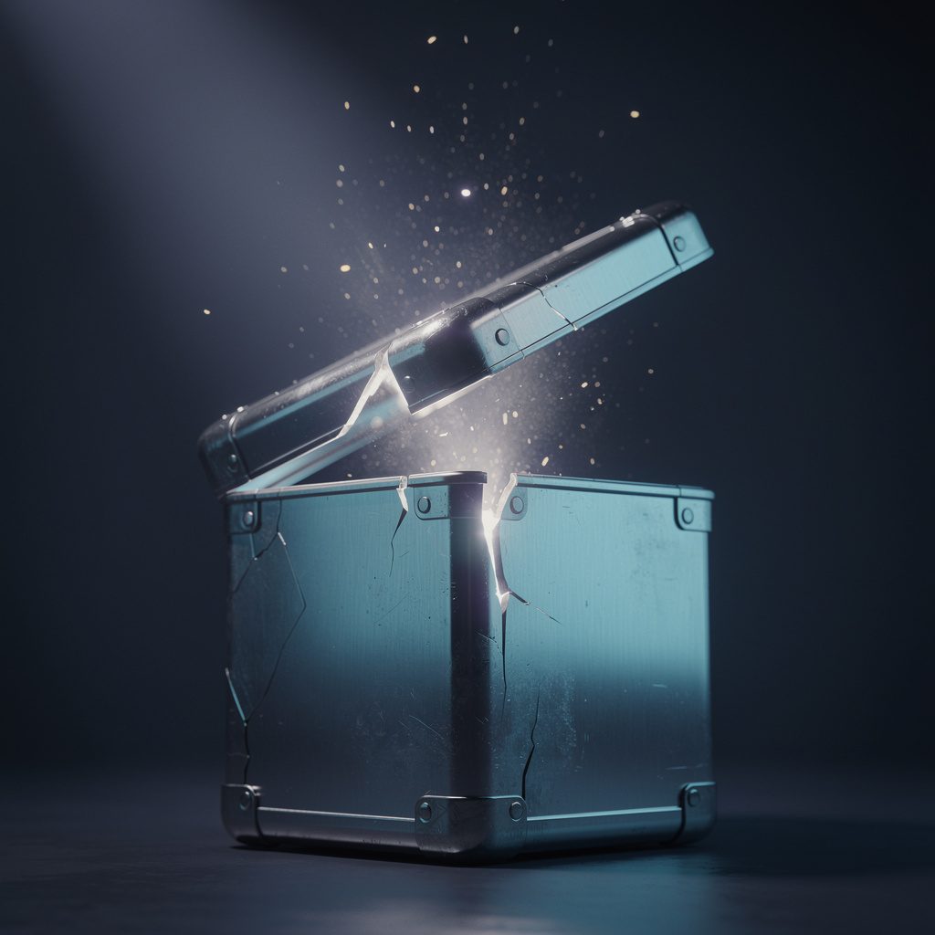 A cinematic render of a metallic case cracking open with a bright light beam catching its edge