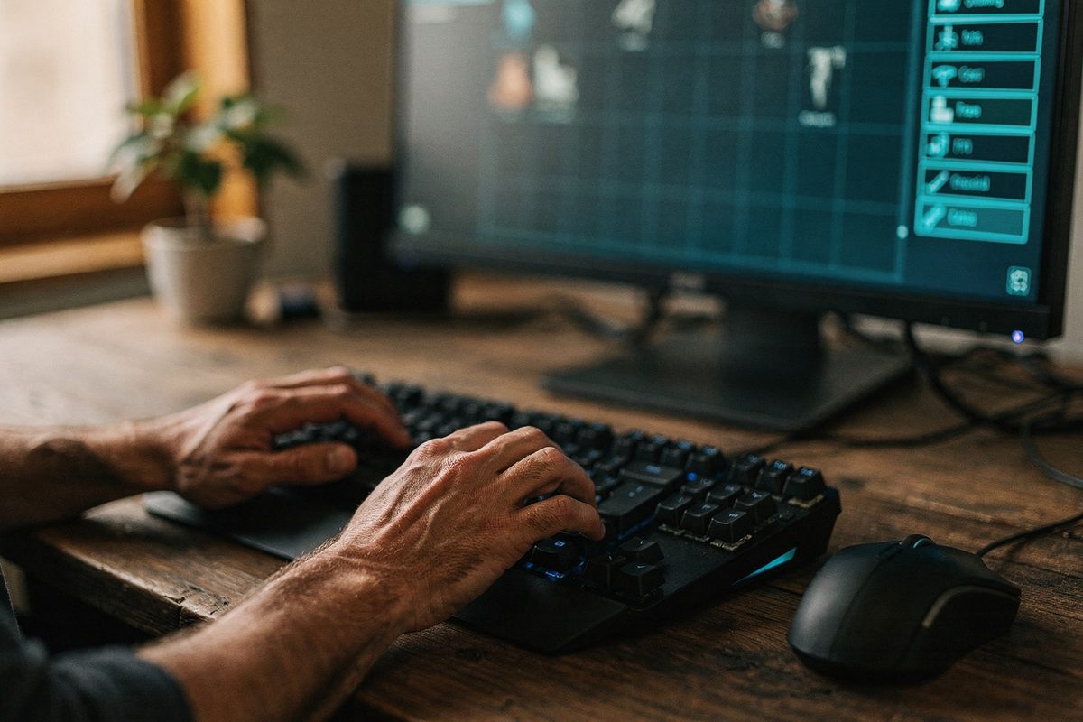 Hands on a keyboard and mouse in front of a monitor showing an inventory grid with equip slots