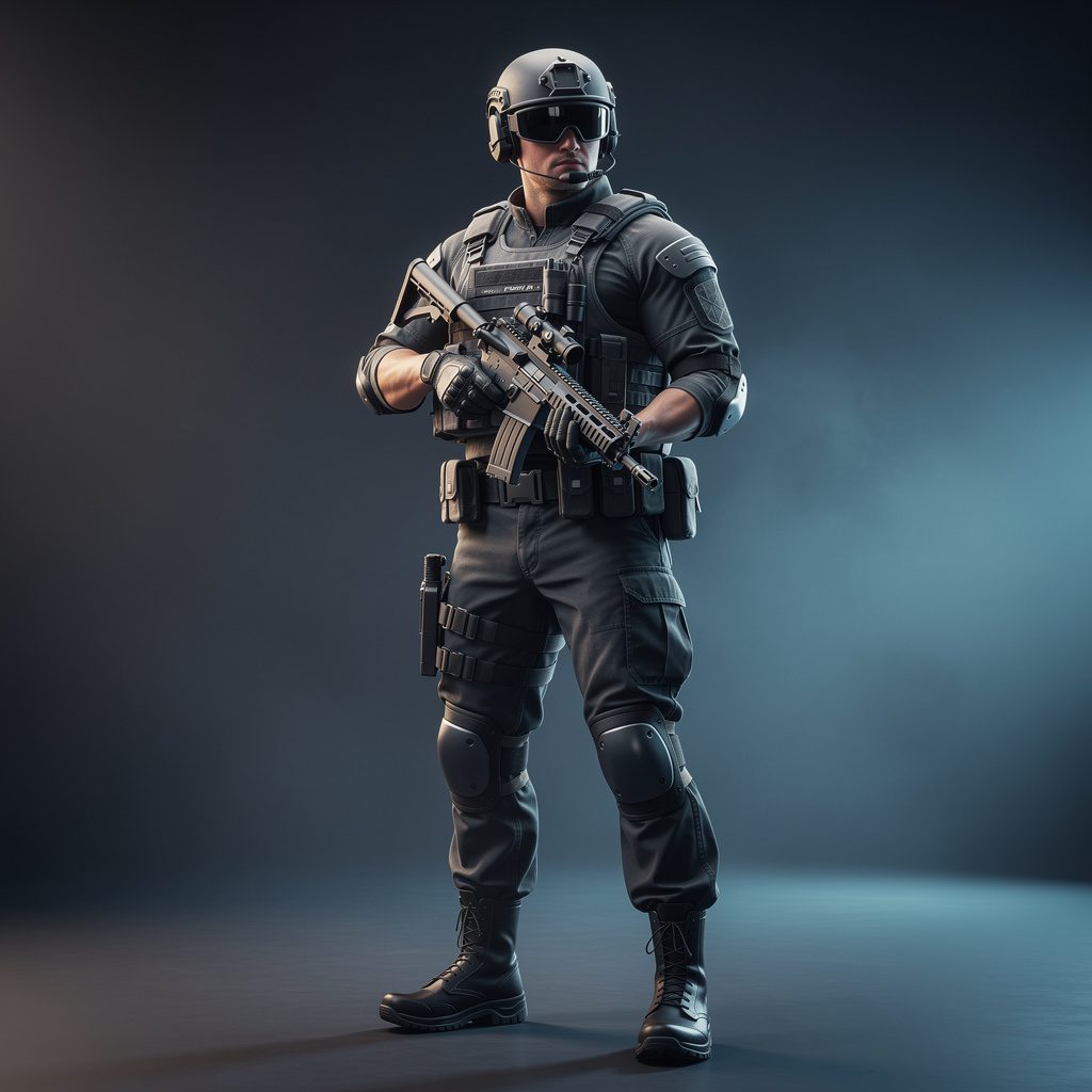 A stylised tactical operative character render in a competitive shooter art style